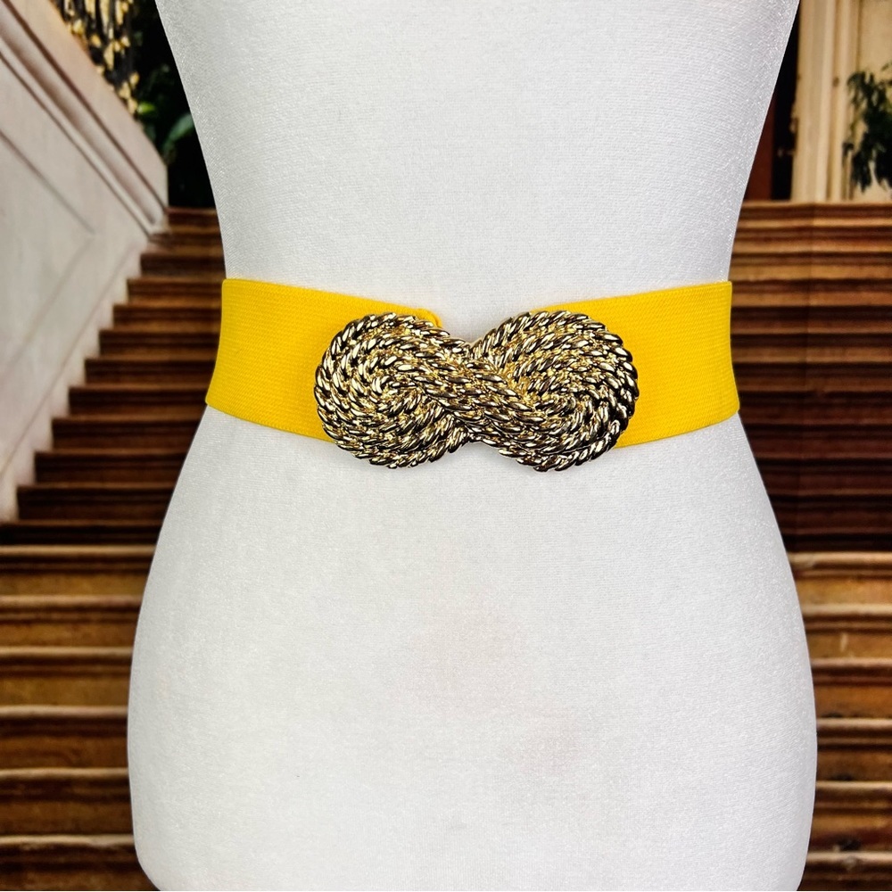 Vintage 80s Metal Gold Rope Elastic Waist Band Belt, 27” long, front hook adorbs - Picture 2 of 6